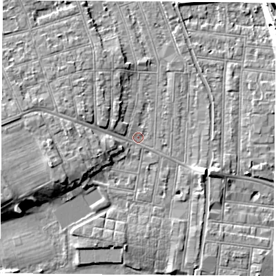 Shaded relief map of the ground around NG104LB, computed from Environment Agency LiDAR. The ground here sits at about 31 m above sea level and falls 10 m across the surrounding 800 m. Surface water reaching this point runs off ground lying to the west-south-west, 5.3 m higher.