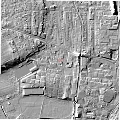 Shaded relief map of the ground around NG104LD, computed from Environment Agency LiDAR. The ground here sits at about 31 m above sea level and falls 12 m across the surrounding 800 m. Surface water reaching this point runs off ground lying to the east-north-east, 4.0 m higher.