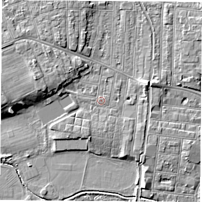 Shaded relief map of the ground around NG104LF, computed from Environment Agency LiDAR. The ground here sits at about 32 m above sea level and falls 8 m across the surrounding 800 m. Surface water reaching this point runs off ground lying to the west-north-west, 6.1 m higher.
