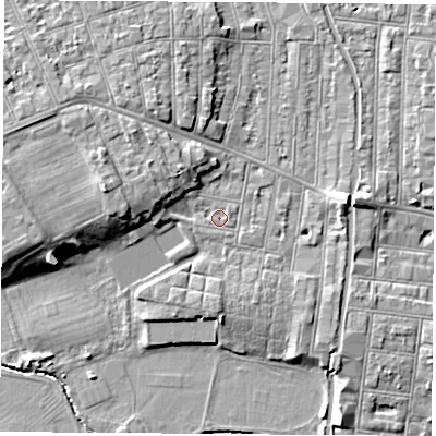 Shaded relief map of the ground around NG104LG, computed from Environment Agency LiDAR. The ground here sits at about 31 m above sea level and falls 8 m across the surrounding 800 m. Surface water reaching this point runs off ground lying to the east-north-east, 1.0 m higher.