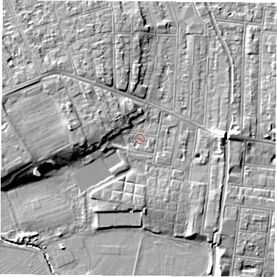 Shaded relief map of the ground around NG104LH, computed from Environment Agency LiDAR. The ground here sits at about 31 m above sea level and falls 8 m across the surrounding 800 m. Surface water reaching this point runs off ground lying to the west-north-west, 4.2 m higher.