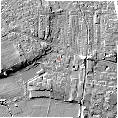 Shaded relief map of the ground around NG104LJ, computed from Environment Agency LiDAR. The ground here sits at about 31 m above sea level and falls 10 m across the surrounding 800 m. Surface water reaching this point runs off ground lying to the west, 6.1 m higher.