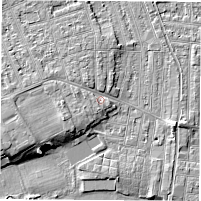Shaded relief map of the ground around NG104LL, computed from Environment Agency LiDAR. The ground here sits at about 34 m above sea level and falls 8 m across the surrounding 800 m. Surface water reaching this point runs off ground lying to the west, 3.6 m higher.