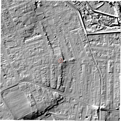 Shaded relief map of the ground around NG104LW, computed from Environment Agency LiDAR. The ground here sits at about 34 m above sea level and falls 9 m across the surrounding 800 m. Surface water reaching this point runs off ground lying to the west-north-west, 0.6 m higher.