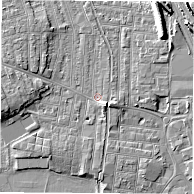 Shaded relief map of the ground around NG104QA, computed from Environment Agency LiDAR. The ground here sits at about 31 m above sea level and falls 11 m across the surrounding 800 m. Surface water reaching this point runs off ground lying to the south-east, 4.0 m higher.