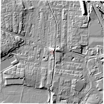Shaded relief map of the ground around NG104QB, computed from Environment Agency LiDAR. The ground here sits at about 33 m above sea level and falls 11 m across the surrounding 800 m. Surface water reaching this point runs off ground lying to the north-east, 4.0 m higher.