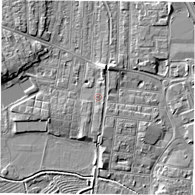 Shaded relief map of the ground around NG104QD, computed from Environment Agency LiDAR. The ground here sits at about 32 m above sea level and falls 8 m across the surrounding 800 m. Surface water reaching this point runs off ground lying to the south, 1.1 m higher.