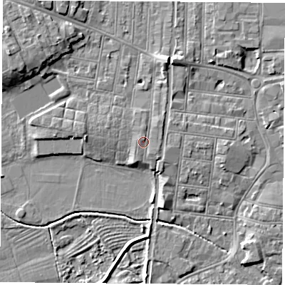 Shaded relief map of the ground around NG104QE, computed from Environment Agency LiDAR. The ground here sits at about 32 m above sea level and falls 8 m across the surrounding 800 m. Surface water reaching this point runs off ground lying to the north-east, 0.8 m higher.