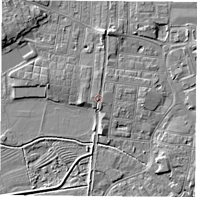 Shaded relief map of the ground around NG104QF, computed from Environment Agency LiDAR. The ground here sits at about 32 m above sea level and falls 8 m across the surrounding 800 m. Surface water reaching this point runs off ground lying to the north, 3.9 m higher.