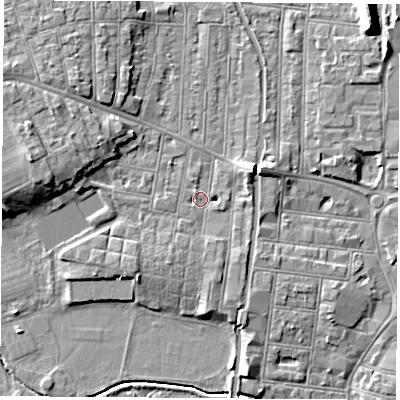 Shaded relief map of the ground around NG104QN, computed from Environment Agency LiDAR. The ground here sits at about 31 m above sea level and falls 12 m across the surrounding 800 m. Surface water reaching this point runs off ground lying to the east-north-east, 4.0 m higher.