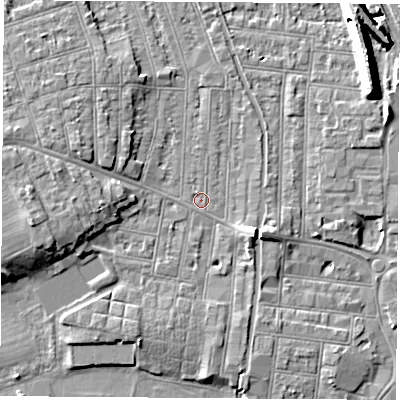 Shaded relief map of the ground around NG104QP, computed from Environment Agency LiDAR. The ground here sits at about 31 m above sea level and falls 11 m across the surrounding 800 m. Surface water reaching this point runs off ground lying to the west, 6.1 m higher.