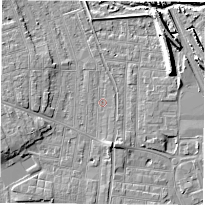 Shaded relief map of the ground around NG104QQ, computed from Environment Agency LiDAR. The ground here sits at about 31 m above sea level and falls 11 m across the surrounding 800 m. Surface water reaching this point runs off ground lying to the west, 4.6 m higher.