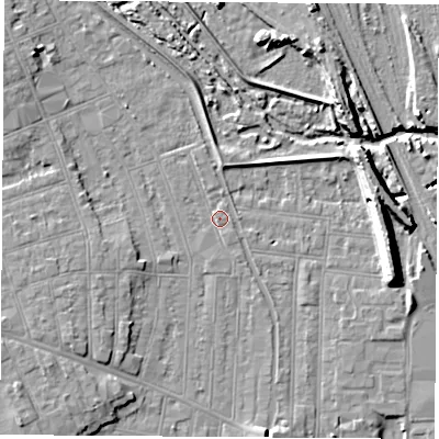Shaded relief map of the ground around NG104QR, computed from Environment Agency LiDAR. The ground here sits at about 32 m above sea level and falls 11 m across the surrounding 800 m. Surface water reaching this point runs off ground lying to the south-south-east, 0.9 m higher.