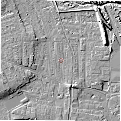 Shaded relief map of the ground around NG104QS, computed from Environment Agency LiDAR. The ground here sits at about 31 m above sea level and falls 11 m across the surrounding 800 m. Surface water reaching this point runs off ground lying to the west-south-west, 5.3 m higher.