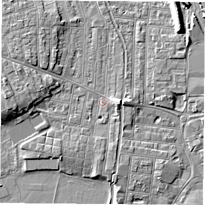 Shaded relief map of the ground around NG104QU, computed from Environment Agency LiDAR. The ground here sits at about 31 m above sea level and falls 11 m across the surrounding 800 m. Surface water reaching this point runs off ground lying to the east, 4.0 m higher.