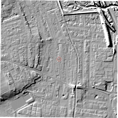 Shaded relief map of the ground around NG104QY, computed from Environment Agency LiDAR. The ground here sits at about 32 m above sea level and falls 11 m across the surrounding 800 m. Surface water reaching this point runs off ground lying to the west-south-west, 5.3 m higher.