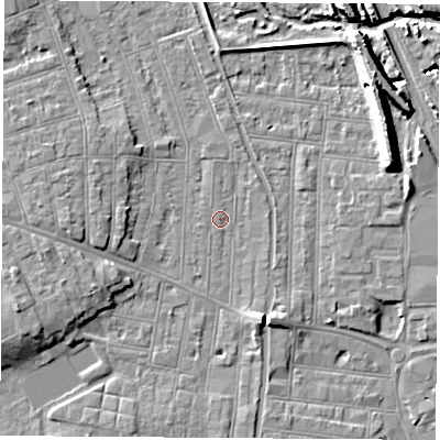 Shaded relief map of the ground around NG104QZ, computed from Environment Agency LiDAR. The ground here sits at about 32 m above sea level and falls 11 m across the surrounding 800 m. Surface water reaching this point runs off ground lying to the west-south-west, 5.3 m higher.