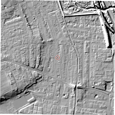 Shaded relief map of the ground around NG104RA, computed from Environment Agency LiDAR. The ground here sits at about 31 m above sea level and falls 11 m across the surrounding 800 m. Surface water reaching this point runs off ground lying to the west-south-west, 5.3 m higher.