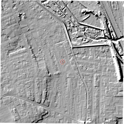 Shaded relief map of the ground around NG104RB, computed from Environment Agency LiDAR. The ground here sits at about 32 m above sea level and falls 11 m across the surrounding 800 m. Surface water reaching this point runs off ground lying to the north-west, 4.4 m higher.