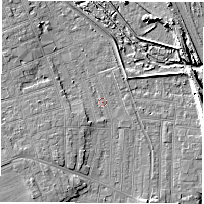 Shaded relief map of the ground around NG104RD, computed from Environment Agency LiDAR. The ground here sits at about 32 m above sea level and falls 10 m across the surrounding 800 m. Surface water reaching this point runs off ground lying to the north-west, 4.5 m higher.