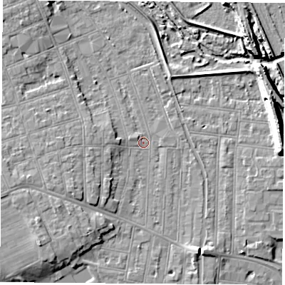 Shaded relief map of the ground around NG104RE, computed from Environment Agency LiDAR. The ground here sits at about 32 m above sea level and falls 11 m across the surrounding 800 m. Surface water reaching this point runs off ground lying to the north-west, 4.5 m higher.