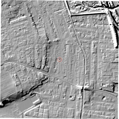 Shaded relief map of the ground around NG104RF, computed from Environment Agency LiDAR. The ground here sits at about 31 m above sea level and falls 11 m across the surrounding 800 m. Surface water reaching this point runs off ground lying to the west-south-west, 5.3 m higher.
