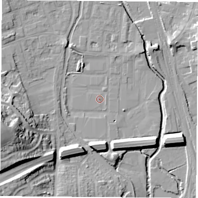 Shaded relief map of the ground around NG105AD, computed from Environment Agency LiDAR. The ground here sits at about 36 m above sea level and falls 33 m across the surrounding 800 m. Surface water reaching this point runs off ground lying to the west-south-west, 28.8 m higher.