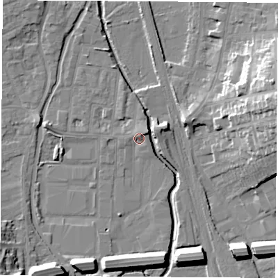 Shaded relief map of the ground around NG105AG, computed from Environment Agency LiDAR. The ground here sits at about 37 m above sea level and falls 23 m across the surrounding 800 m. Surface water reaching this point runs off ground lying to the north-east, 2.1 m higher.
