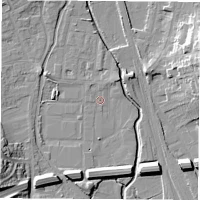 Shaded relief map of the ground around NG105AH, computed from Environment Agency LiDAR. The ground here sits at about 36 m above sea level and falls 25 m across the surrounding 800 m. Surface water reaching this point runs off ground lying to the north-north-west, 1.3 m higher.