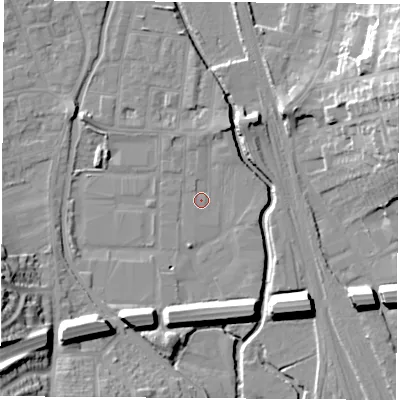 Shaded relief map of the ground around NG105AN, computed from Environment Agency LiDAR. The ground here sits at about 36 m above sea level and falls 22 m across the surrounding 800 m. Surface water reaching this point runs off ground lying to the south-west, 19.6 m higher.