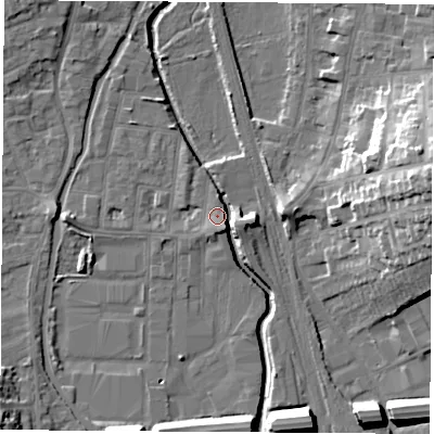 Shaded relief map of the ground around NG105AP, computed from Environment Agency LiDAR. The ground here sits at about 37 m above sea level and falls 23 m across the surrounding 800 m. Surface water reaching this point runs off ground lying to the east, 7.4 m higher.