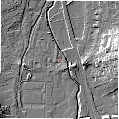 Shaded relief map of the ground around NG105AQ, computed from Environment Agency LiDAR. The ground here sits at about 36 m above sea level and falls 22 m across the surrounding 800 m. Surface water reaching this point runs off ground lying to the south-south-east, 2.4 m higher.