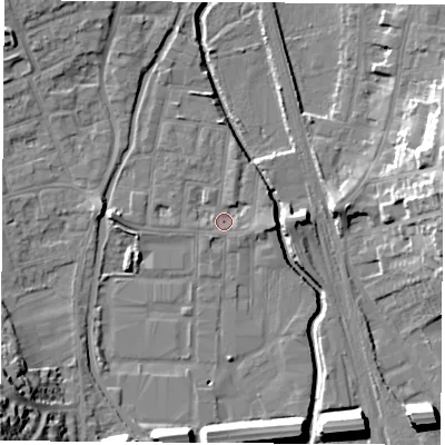 Shaded relief map of the ground around NG105AS, computed from Environment Agency LiDAR. The ground here sits at about 36 m above sea level and falls 24 m across the surrounding 800 m. Surface water reaching this point runs off ground lying to the west, 2.7 m higher.