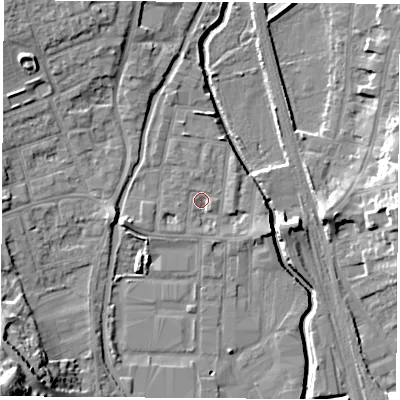 Shaded relief map of the ground around NG105AT, computed from Environment Agency LiDAR. The ground here sits at about 36 m above sea level and falls 29 m across the surrounding 800 m. Surface water reaching this point runs off ground lying to the west-south-west, 2.7 m higher.