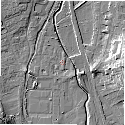 Shaded relief map of the ground around NG105AU, computed from Environment Agency LiDAR. The ground here sits at about 37 m above sea level and falls 18 m across the surrounding 800 m. Surface water reaching this point runs off ground lying to the west-south-west, 2.7 m higher.