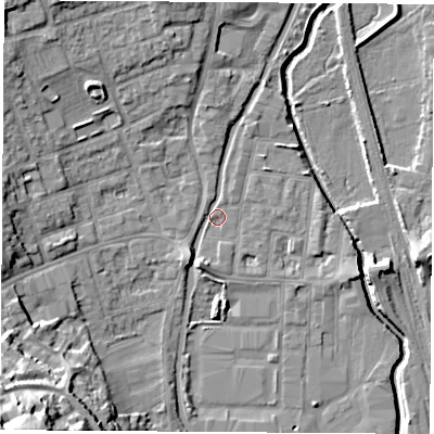 Shaded relief map of the ground around NG105AZ, computed from Environment Agency LiDAR. The ground here sits at about 37 m above sea level and falls 31 m across the surrounding 800 m. Surface water reaching this point runs off ground lying to the north-west, 10.1 m higher.