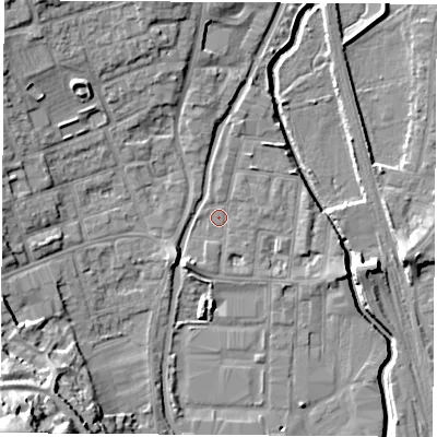 Shaded relief map of the ground around NG105BA, computed from Environment Agency LiDAR. The ground here sits at about 36 m above sea level and falls 32 m across the surrounding 800 m. Surface water reaching this point runs off ground lying to the north-west, 8.8 m higher.