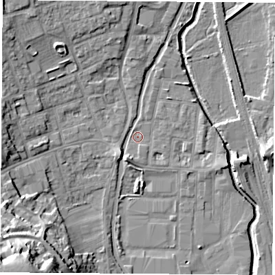 Shaded relief map of the ground around NG105BD, computed from Environment Agency LiDAR. The ground here sits at about 36 m above sea level and falls 32 m across the surrounding 800 m. Surface water reaching this point runs off ground lying to the west, 9.4 m higher.