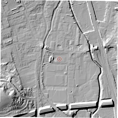 Shaded relief map of the ground around NG105BE, computed from Environment Agency LiDAR. The ground here sits at about 36 m above sea level and falls 33 m across the surrounding 800 m. Surface water reaching this point runs off ground lying to the west, 3.1 m higher.