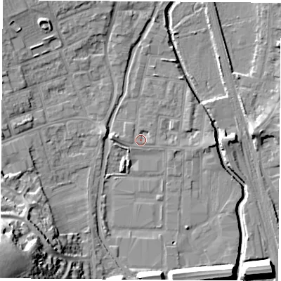 Shaded relief map of the ground around NG105BG, computed from Environment Agency LiDAR. The ground here sits at about 37 m above sea level and falls 32 m across the surrounding 800 m. Surface water reaching this point runs off ground lying to the north-north-east, 1.1 m higher.