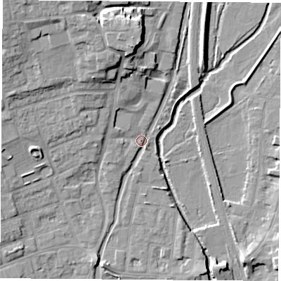 Shaded relief map of the ground around NG105DT, computed from Environment Agency LiDAR. The ground here sits at about 37 m above sea level and falls 16 m across the surrounding 800 m. Surface water reaching this point runs off ground lying to the north, 12.3 m higher.