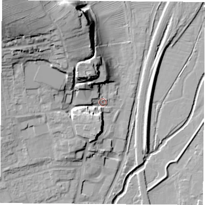 Shaded relief map of the ground around NG105EB, computed from Environment Agency LiDAR. The ground here sits at about 41 m above sea level and falls 42 m across the surrounding 800 m. Surface water reaching this point runs off ground lying to the north-west, 34.3 m higher.