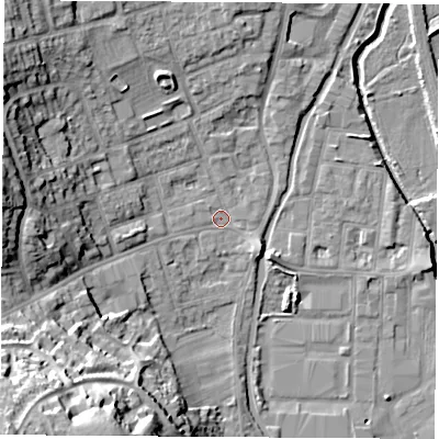 Shaded relief map of the ground around NG105HW, computed from Environment Agency LiDAR. The ground here sits at about 37 m above sea level and falls 34 m across the surrounding 800 m. Surface water reaching this point runs off ground lying to the west-south-west, 18.8 m higher.