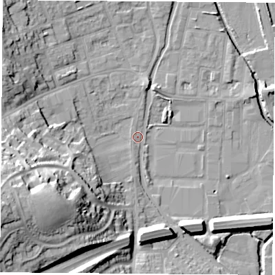 Shaded relief map of the ground around NG105JJ, computed from Environment Agency LiDAR. The ground here sits at about 37 m above sea level and falls 36 m across the surrounding 800 m. Surface water reaching this point runs off ground lying to the west-south-west, 30.9 m higher.