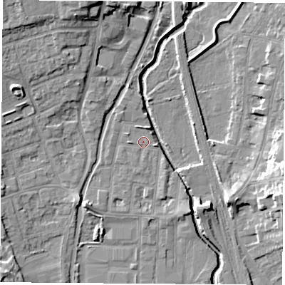 Shaded relief map of the ground around NG105QS, computed from Environment Agency LiDAR. The ground here sits at about 36 m above sea level and falls 14 m across the surrounding 800 m. Surface water reaching this point runs off ground lying to the west, 1.0 m higher.