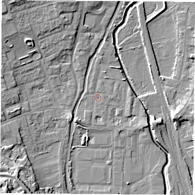 Shaded relief map of the ground around NG105QT, computed from Environment Agency LiDAR. The ground here sits at about 36 m above sea level and falls 30 m across the surrounding 800 m. Surface water reaching this point runs off ground lying to the north-west, 8.2 m higher.