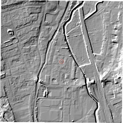 Shaded relief map of the ground around NG105QU, computed from Environment Agency LiDAR. The ground here sits at about 37 m above sea level and falls 19 m across the surrounding 800 m. Surface water reaching this point runs off ground lying to the south, 0.8 m higher.