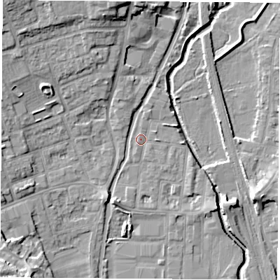 Shaded relief map of the ground around NG105QX, computed from Environment Agency LiDAR. The ground here sits at about 37 m above sea level and falls 18 m across the surrounding 800 m. Surface water reaching this point runs off ground lying to the north-west, 10.5 m higher.