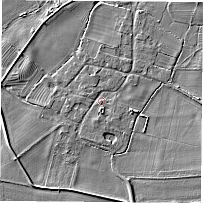 Shaded relief map of the ground around NG110AA, computed from Environment Agency LiDAR. The ground here sits at about 28 m above sea level and falls 4 m across the surrounding 800 m. Surface water reaching this point runs off ground lying to the south, 1.7 m higher.