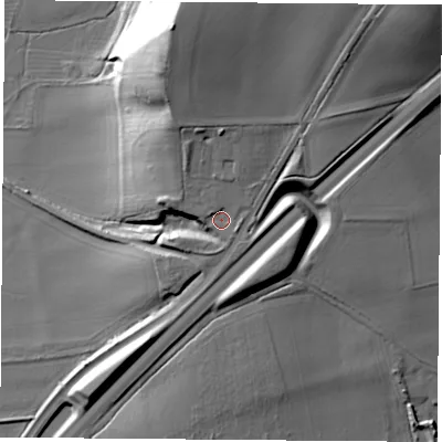 Shaded relief map of the ground around NG110AB, computed from Environment Agency LiDAR. The ground here sits at about 45 m above sea level and falls 39 m across the surrounding 800 m. Surface water reaching this point runs off ground lying to the north-east, 19.2 m higher.